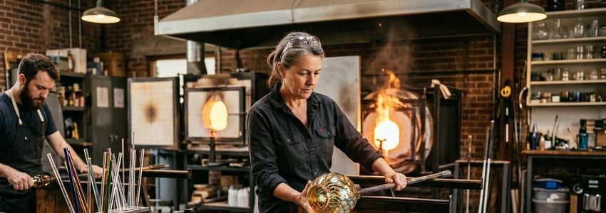 Glassblowing studio owner and artisan working together near a furnace and glass tools in a professional hot shop