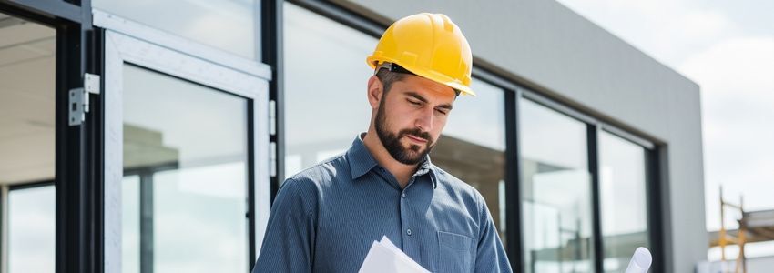 Glazing contractor reviewing project blueprints at commercial glass installation job site