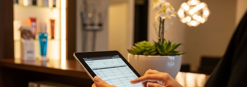 Glo Tanning franchise owner reviewing membership data at reception desk in a modern luxury tanning salon