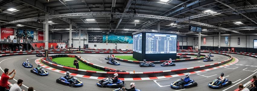 Indoor go kart racing track with electric karts on circuit