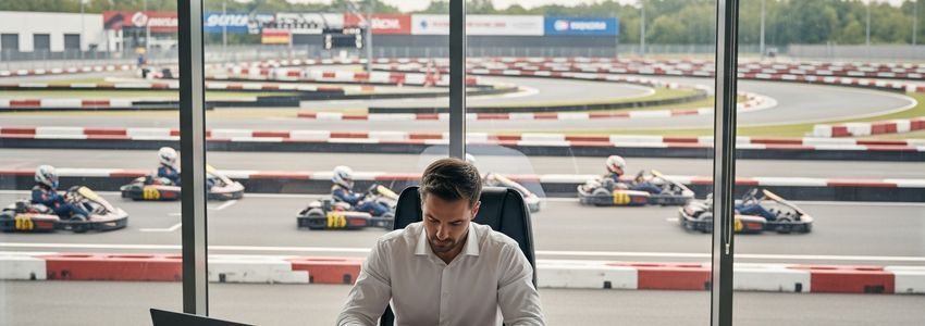 Go-kart track business owner reviewing financing documents