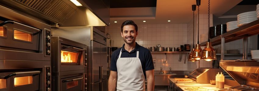 Pizza franchise owner in a commercial kitchen reviewing franchise loan financing options for a Ledo Pizza location