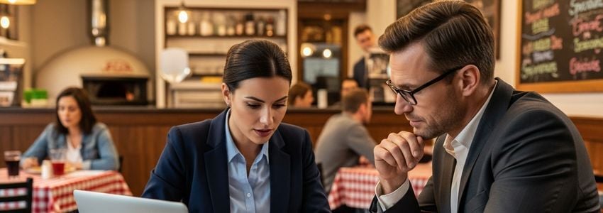 Franchise owners reviewing Godfather's Pizza financing documents at a restaurant table