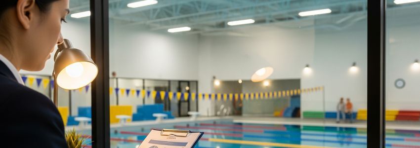 Franchise owner reviewing Goldfish Swim School financing documents at an indoor pool facility