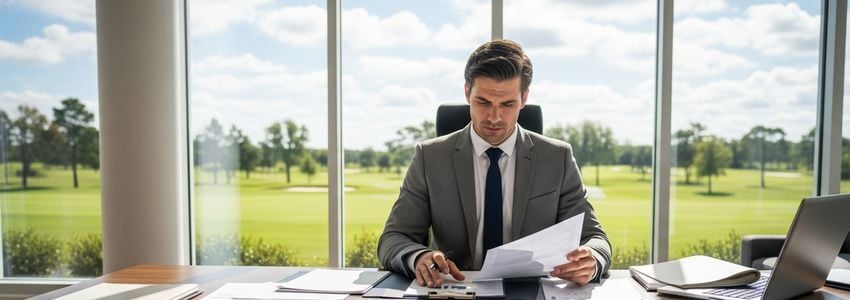 Business owner reviewing golf cart financing paperwork in professional office with golf course view