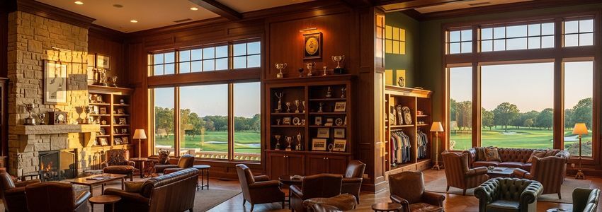 Golf club owner reviewing loan documents at a desk with a golf course view