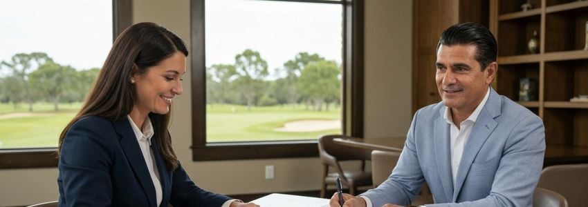 Golf course owner and financial advisor reviewing business loan options in a modern clubhouse office