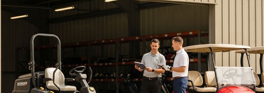 Golf course manager reviewing equipment financing options with a business advisor at a golf cart facility