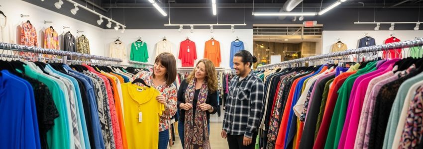 Thrift retail store interior showing staff helping customers with donations and purchases