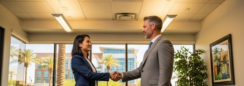 Small business professionals discussing financing options at a commercial office in Goodyear, Arizona