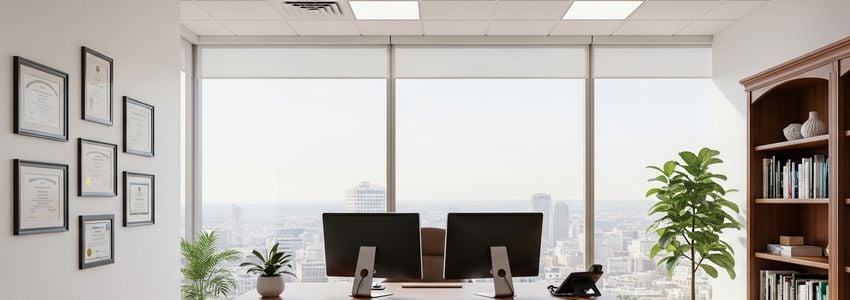 Modern professional insurance agency office interior with computer monitors and professional workspace