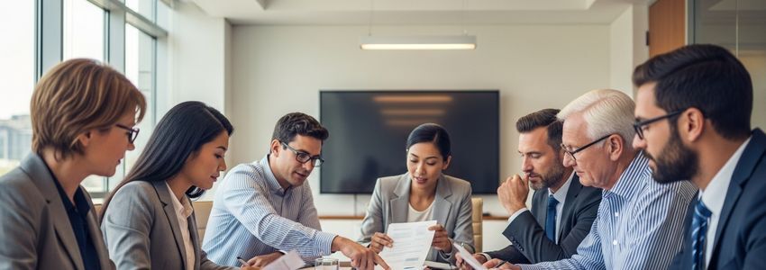 Small business owners reviewing government business loan applications with a financial advisor