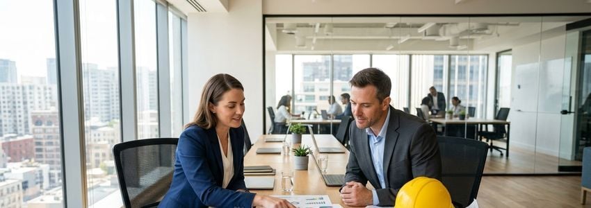 Government contractor reviewing bonding capacity and financial documents with a business finance specialist in an office