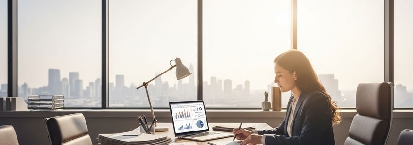 Government contractor reviewing project blueprints and financing options on a laptop