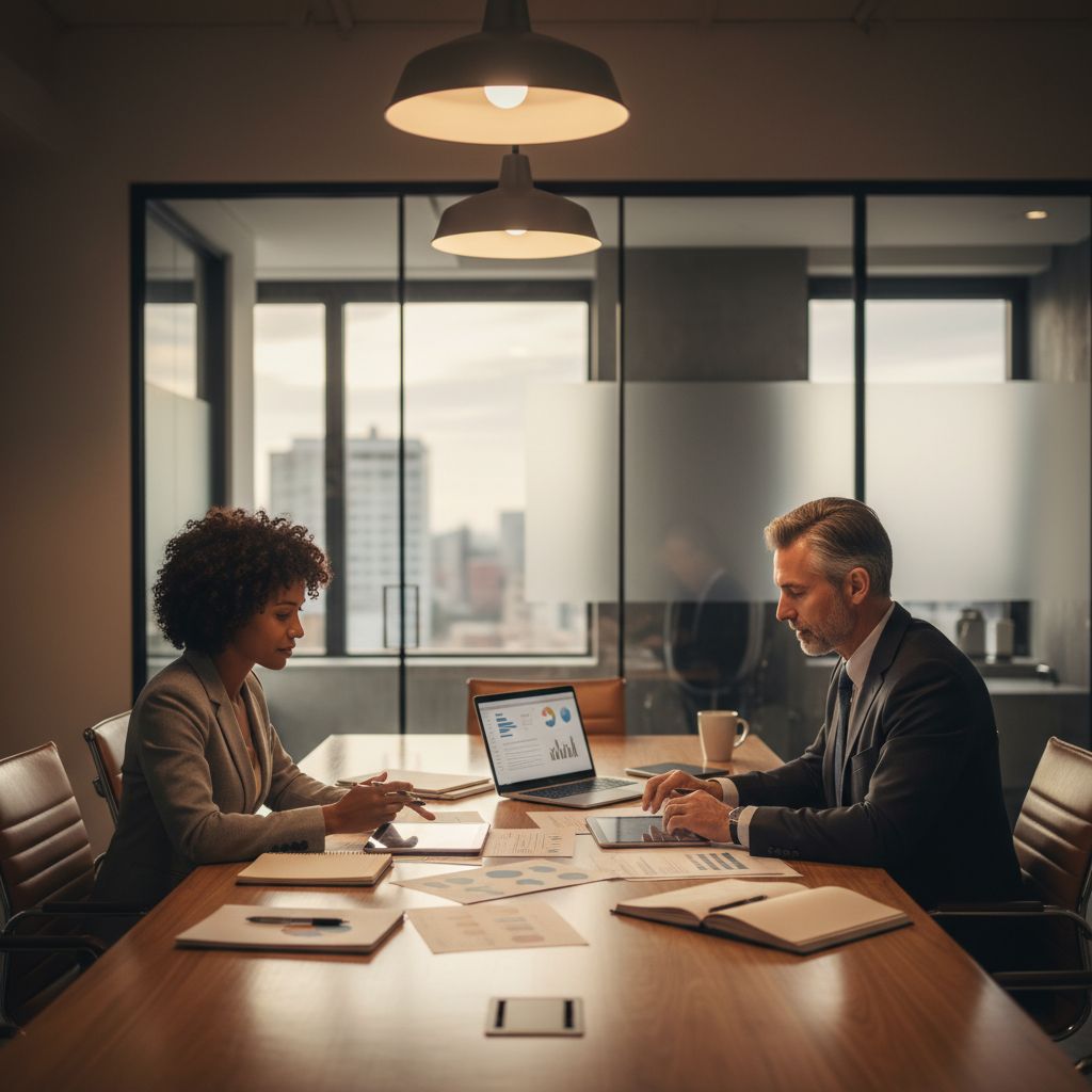 Small business owner and financial advisor reviewing government contract financing options at a conference table