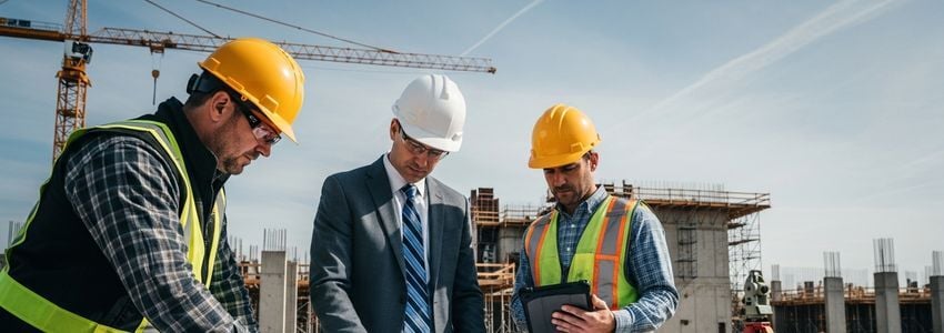 Government contractor reviewing federal project documents at a construction site