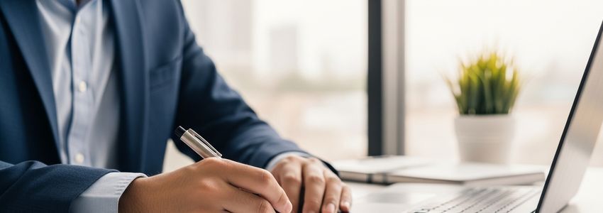 Small business owner reviewing government loan documents at office desk
