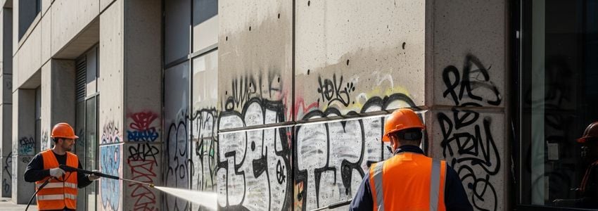 Graffiti removal crew working on brick wall at commercial property