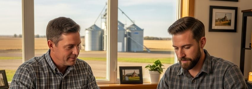 Farm owner and agricultural lender reviewing grain bin financing documents with grain storage bins visible through office window