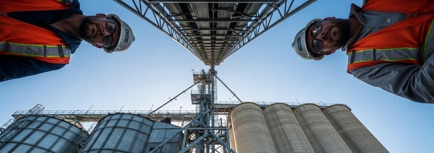 Grain elevator operators reviewing financing documents at a commercial grain storage facility