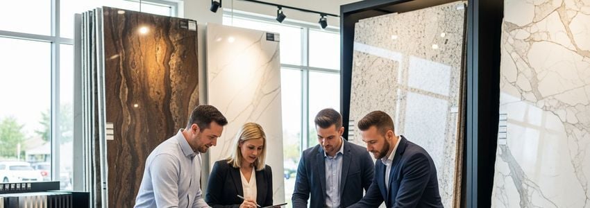 Stone fabrication professionals reviewing granite countertop samples in a showroom