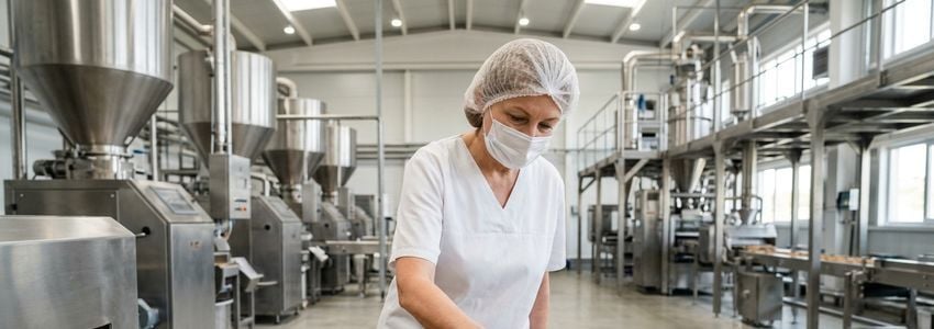 Granola production line worker monitoring commercial oven and packaging equipment in a bright industrial food facility
