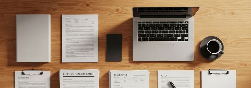 Business owner reviewing grant and loan funding documents at office desk