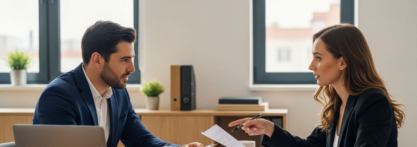 Two business professionals reviewing and comparing grant and loan financing documents at an office conference table