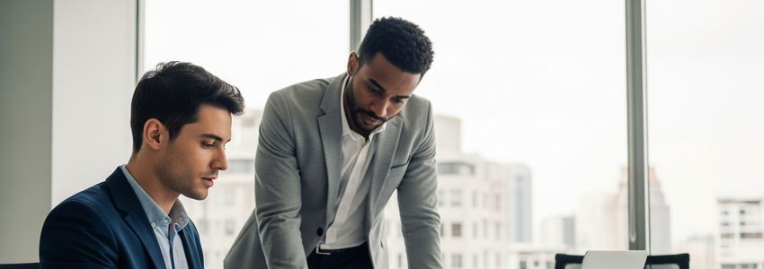 Two business professionals reviewing and comparing financing options including business grants and loans in a modern office