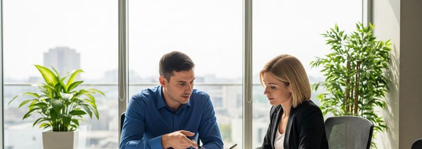 Graphic design business owners reviewing financing options at a modern office conference table