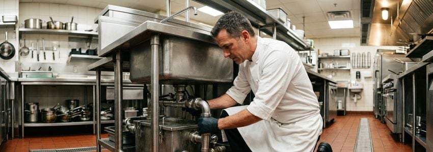 Restaurant kitchen contractor inspecting commercial plumbing and grease management equipment