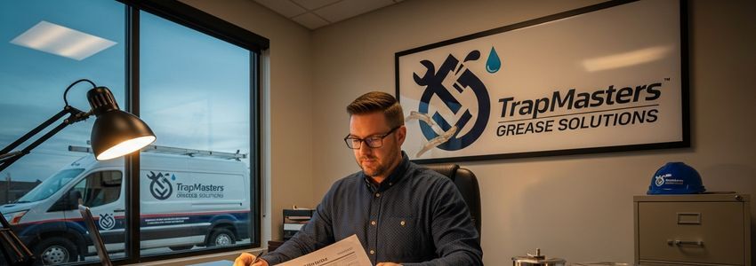 Grease trap service business owner reviewing financials and service schedules in office