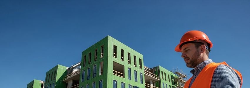 Green building contractor reviewing project plans at a sustainable construction site