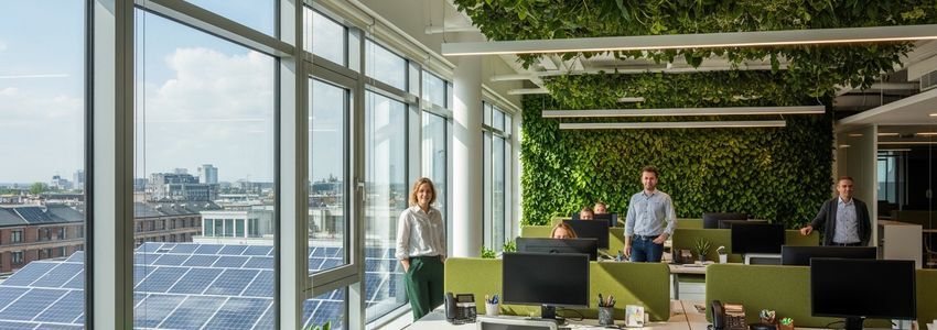 Eco-friendly office with living green wall and sustainable design for small businesses going green