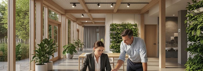 Small business owner reviewing green loan options for sustainability upgrades