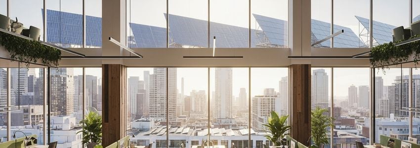 Green energy consulting professionals in a modern sustainable office environment