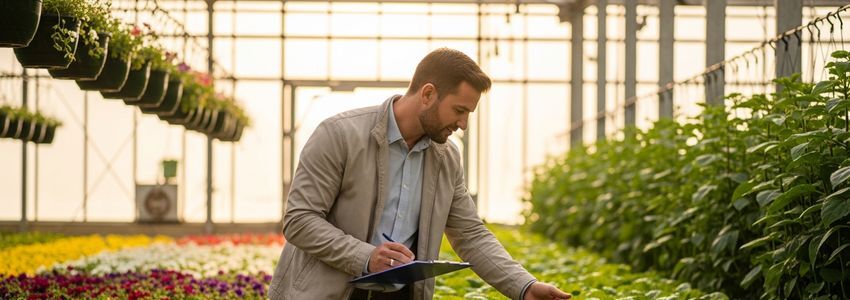 Greenhouse business owner inspecting plants and reviewing crop growth in a commercial greenhouse