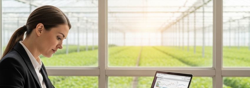 Commercial greenhouse operator reviewing equipment financing documents at a modern agricultural facility