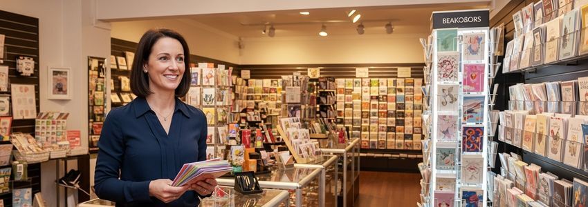Greeting card business owner reviewing inventory and financing options in a colorful retail card store