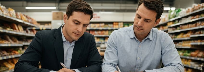 Grocery store owner reviewing financing options with a lender at a modern retail office