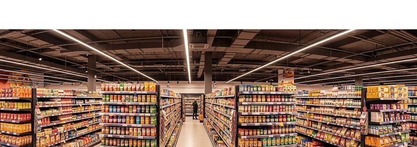 Grocery store owner reviewing shelving plans and financing options in a modern supermarket