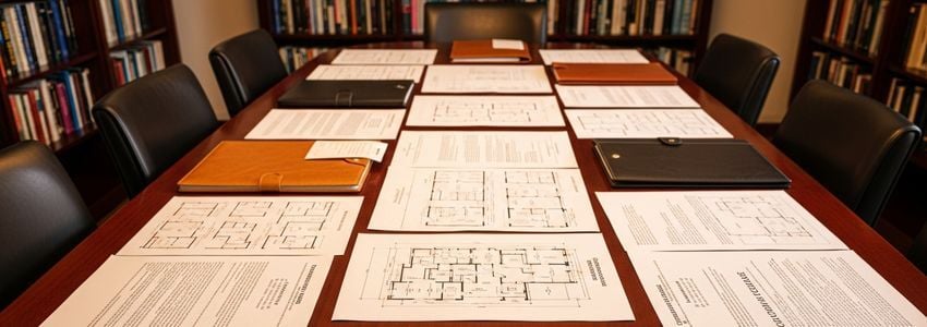 Commercial real estate lease documents and architectural floor plans on a conference table, representing ground lease financing documentation