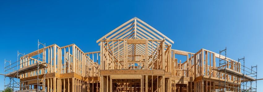 Residential house under construction showing wooden frame structure and foundation