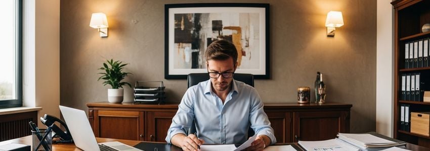 Group home business owner reviewing loan financing documents at office desk