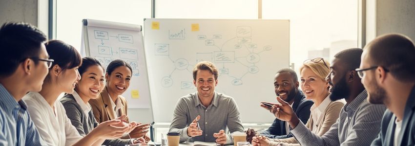 Small business team collaborating on growth strategy in a modern office meeting room