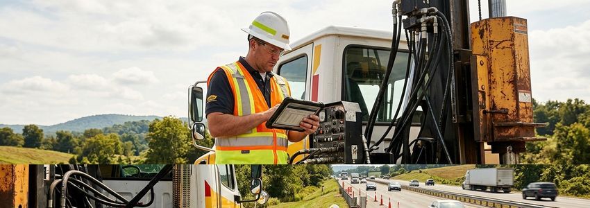 Highway safety contractor reviewing guardrail installation project details near hydraulic post driver equipment