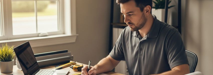Gutter contractor business owner reviewing financing options and project documents at a desk