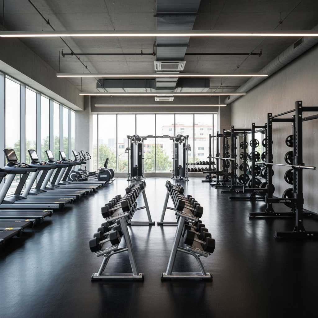 Modern commercial gym floor with rows of professional fitness equipment including treadmills and weight racks