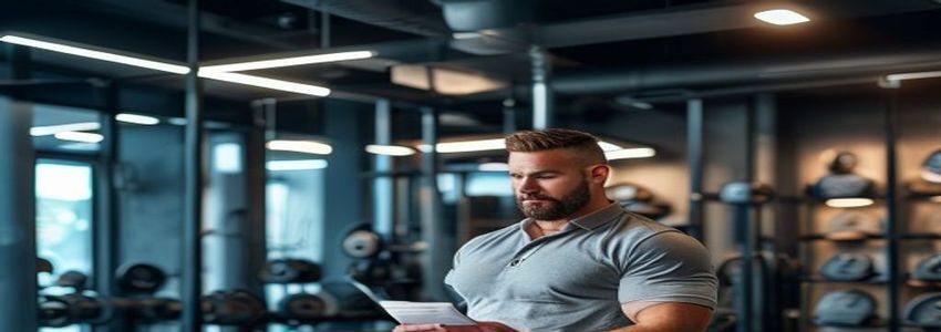 Gym owner reviewing equipment financing paperwork in a commercial fitness center