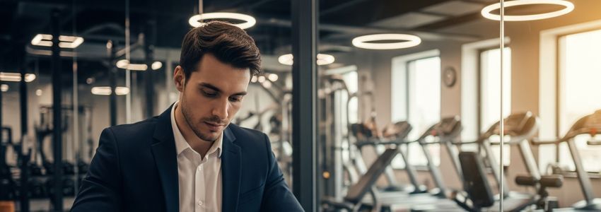 Gym owner reviewing equipment financing documents at a commercial gym